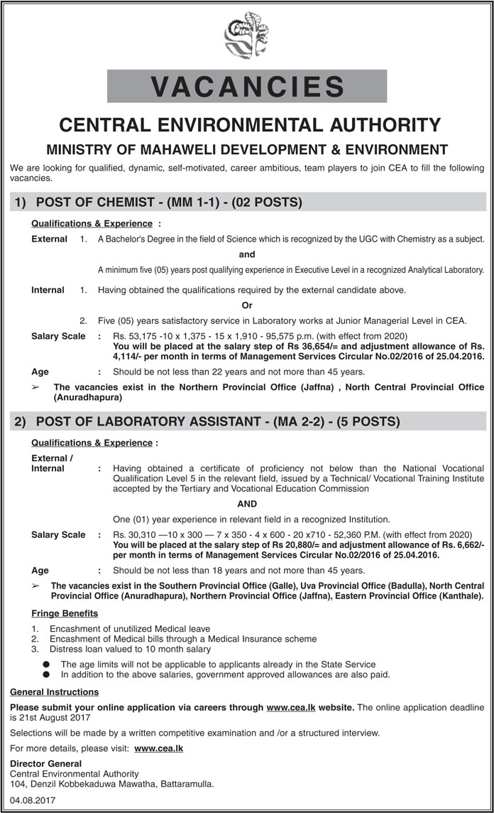 Chemist, Laboratory Assistant - Central Environmental Authority